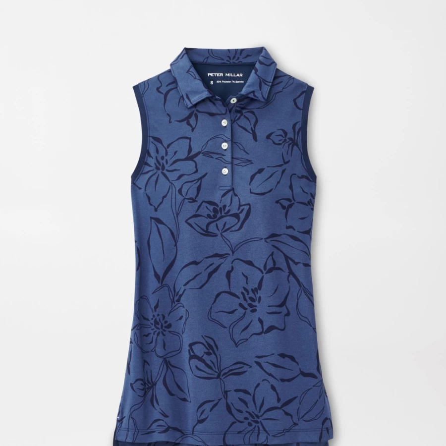 Peter Millar Women's Tonal Floral Print Sleeveless Button-Down Polo Top with Banded Hem