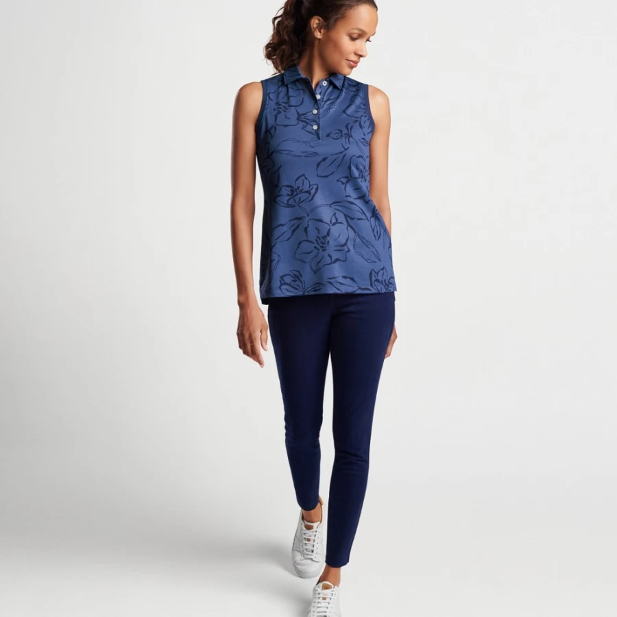 Peter Millar Women's Tonal Floral Print Sleeveless Button-Down Polo Top with Banded Hem